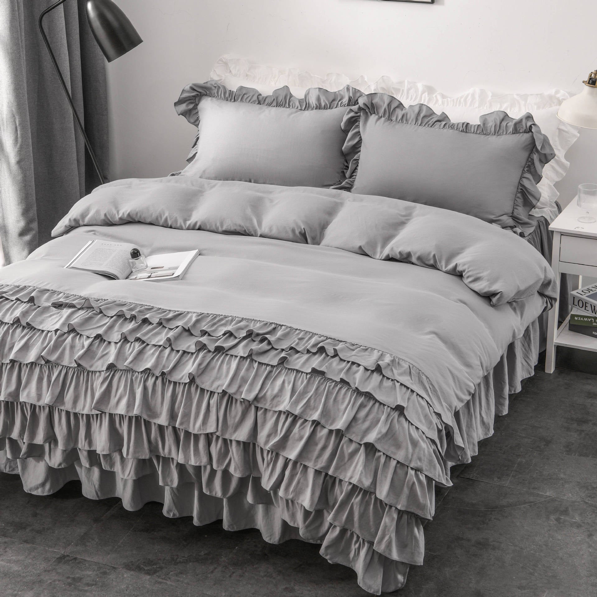Multi-Edge Ruffled Princess Style Fashionable Elegant Washed Cotton Bedding Set - 3 Pieces - Calm Cloud Bedding